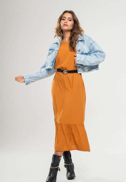 Vestido Midi Regata Babado Viscolinho Caramelo Salvatore Fashion