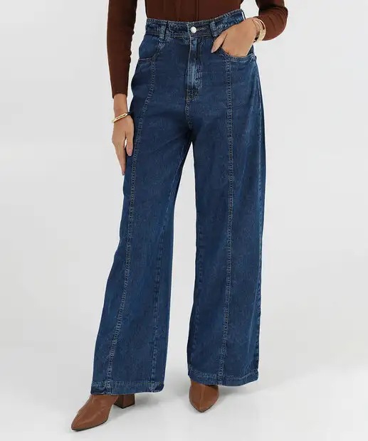 Calça Jeans Wide Leg Bolsos Feminina Azul