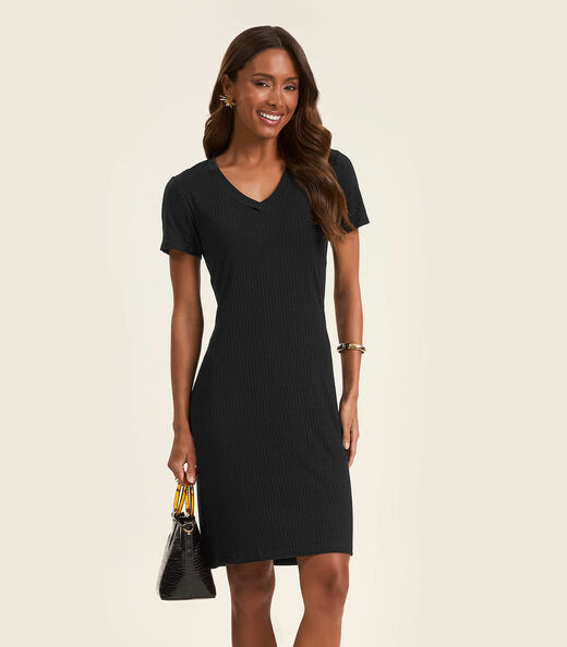 Vestido Acinturado Em Ribana Canelada Rovitex Preto