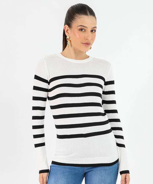 Image_Suéter Feminino Tricô Listrado Pérolas Marisa Off White