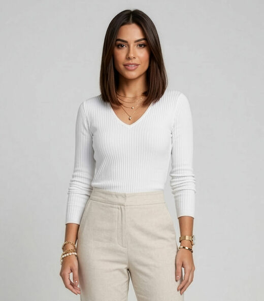 Blusa Manga Longa Em Ribana Canelada Rovitex Branco