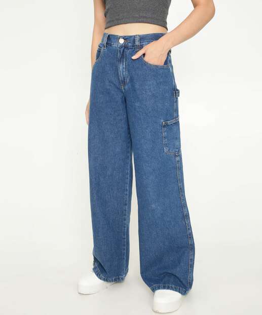 Calça Jeans Wide Leg Pantalona Feminina Cargo Marisa