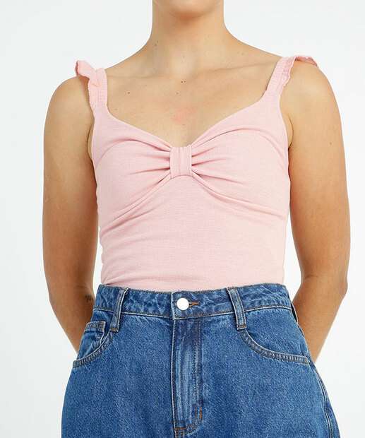 Blusa Regata Feminina Canelada Drapeada Alças Finas Babado 