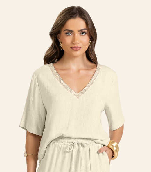 T- shirt em V Feminina Endless Bege