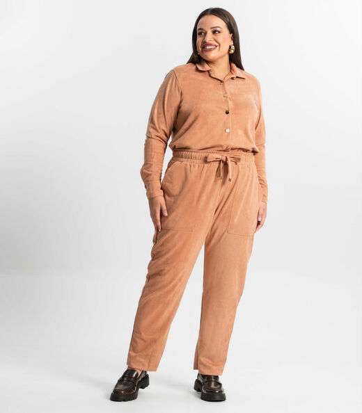 Image_Calça Reta Plus Size Feminina Em Suede Secret Glam Marrom