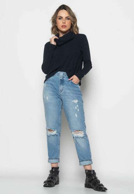 Blusa Golão Manga Longa Canelada  Fashion Preto