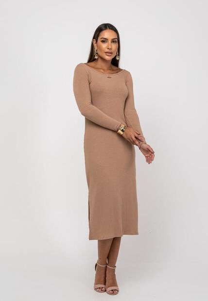 Vestido Midi M/L Decote Canoa Canelado Bege Salvatore