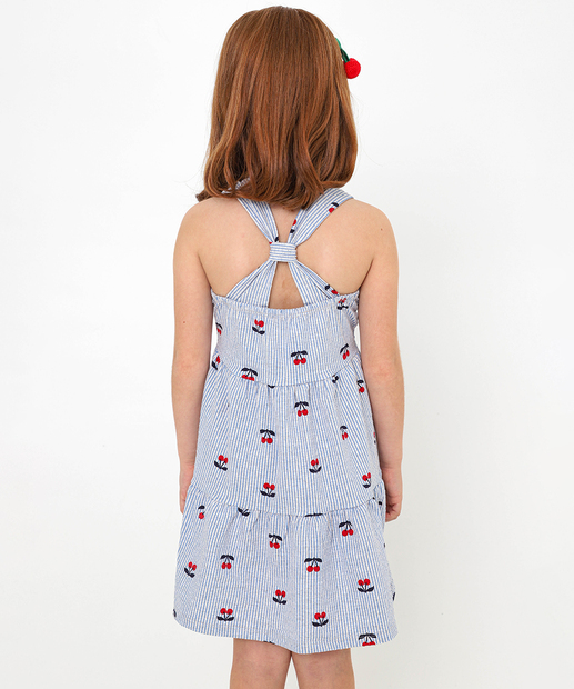 Vestido Infantil Listrado Cerejas Tam 4 a 10 Off White