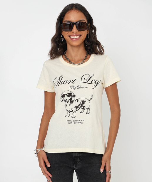 Camiseta Feminina Estampa Cachorro Manga Curta Marisa Bege