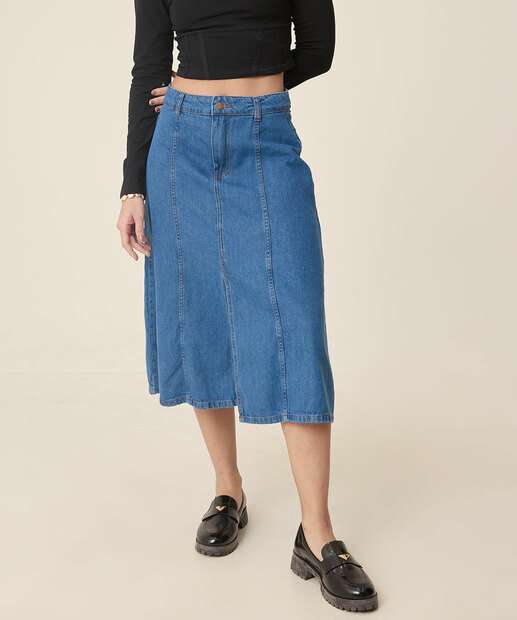 Saia Midi Jeans Feminina Fenda Evasê 