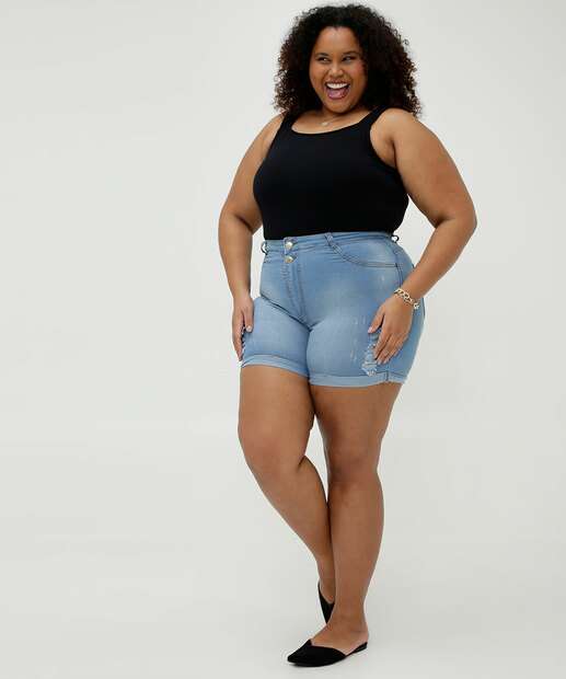 Short Plus Size Feminino Destroyed Barra Dobrada Ecxo Jeans