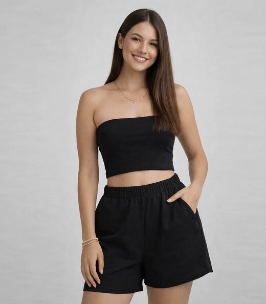 Image_Shorts Feminino Com Cós Liso Frente Infinita Cor Preto