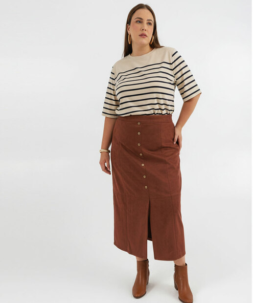 Image_Saia Midi Feminina Plus Size Botões Fenda Marisa Marrom