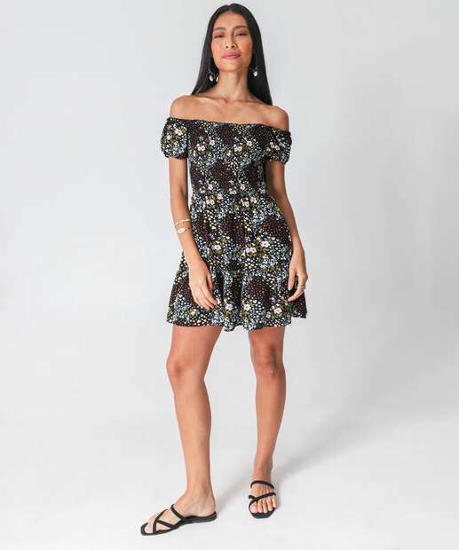 Vestido Feminino Ciganinha Estampa Flores Marisa Preto