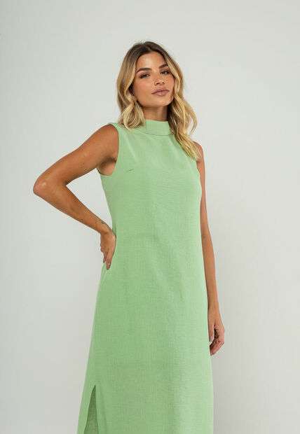 Vestido Longo Gola Alta E Fenda Lateral Verde Salvatore