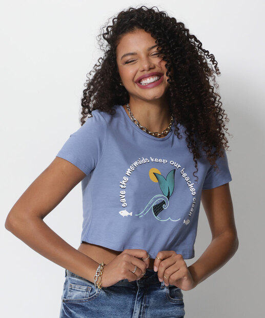 Blusa Cropped Feminina Estampa Sereia Manga Curta Marisa