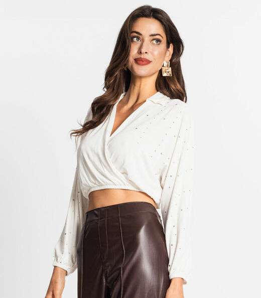 Camisa Feminina Manga Longa Com Strass Endless Bege