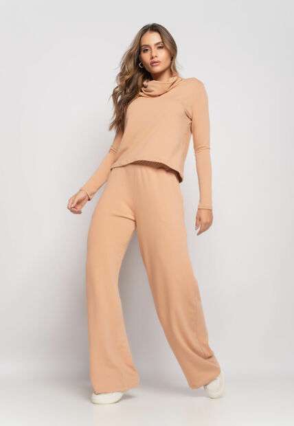 Conjunto De Moletinho Com Blusa Golão E Calça Wide Leg Bege Salvatore Fashion