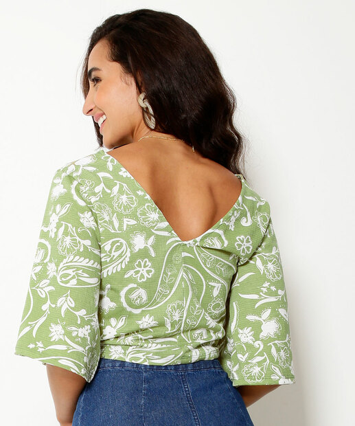 Blusa Cropped Feminina Floral Nó Manga Curta Marisa 