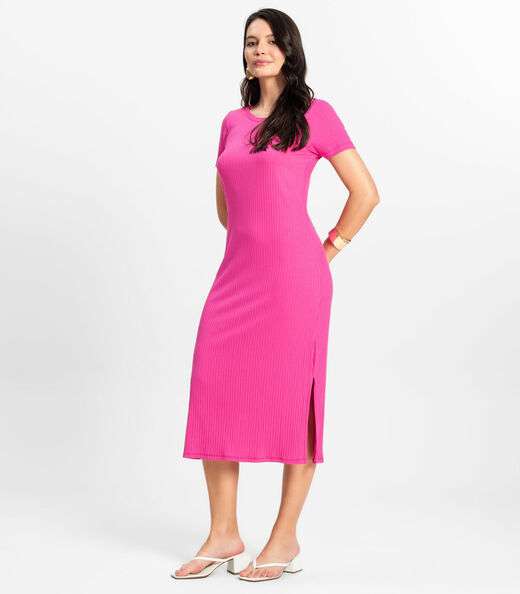 Vestido Midi Ribana Canelada Básico Rovitex Rosa