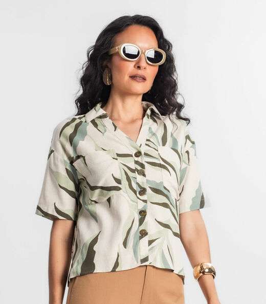 Camisa Feminina Estampada Com Botões Select Bege