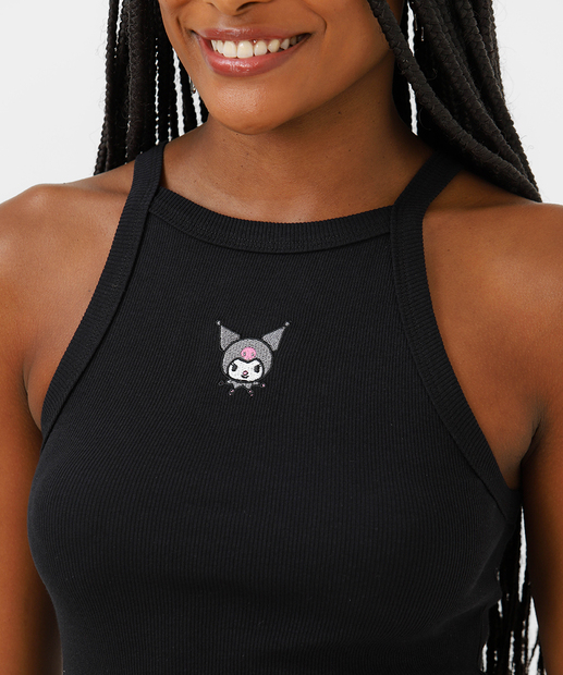 Blusa Regata Feminina Canelada Bordada Hello Kitty Preto