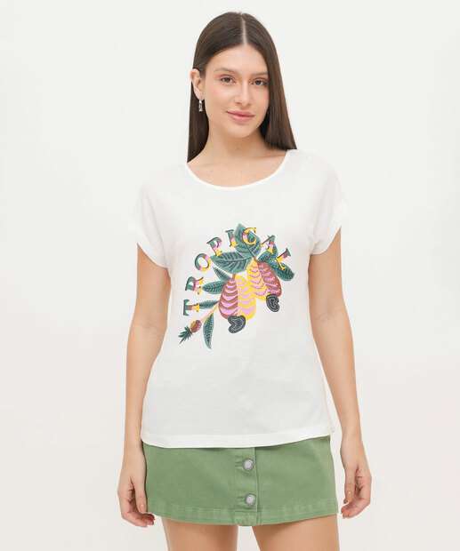 Blusa Feminina Estampa Tropical Manga Curta Marisa