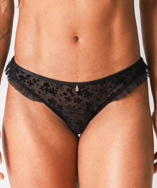 Calcinha Fio Dental Tule Babado Marisa Preto