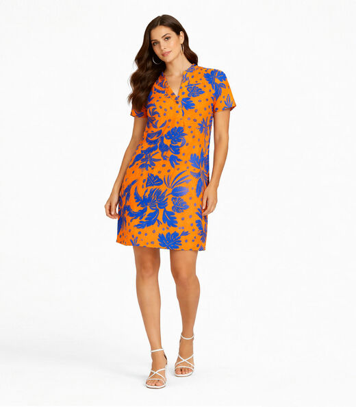 Vestido Curto Estampado Com Peitilho Infinita Cor Laranja