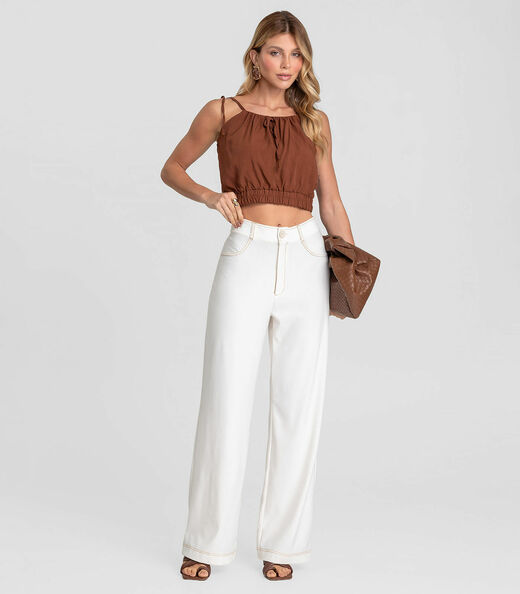 Blusa Cropped Feminina De Alça Em Viscose Dianna Marrom