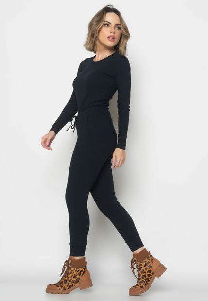 Conjunto  Comfy Com Blusa Manga Longa e Jogger Canelada Preto Salvatore Fashion