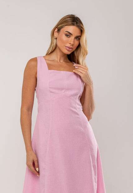 Vestido Midi Decote Reto e Alça Larga Rosa Salvatore