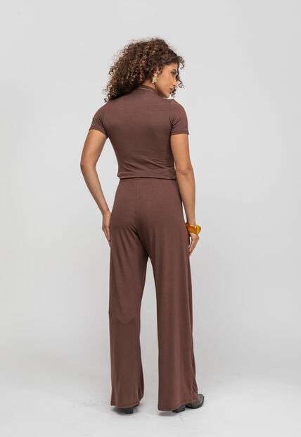 Calça Wide Leg Com Bolso Malha Marrom Salvatore Fashion