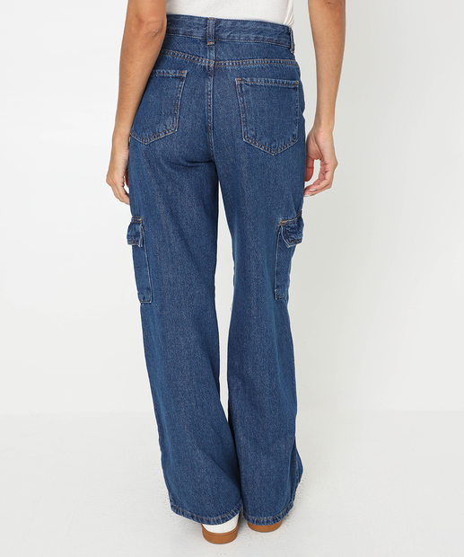 Calça Feminina Jeans Cargo Wide Leg Marisa Azul