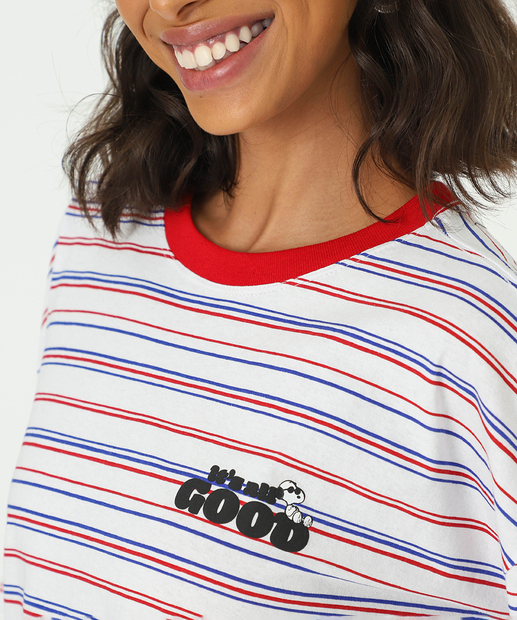 Blusa Feminina Listrada Manga Curta Snoopy Branco