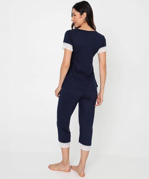 Pijama Feminino Gestante Recorte Renda Marisa Azul