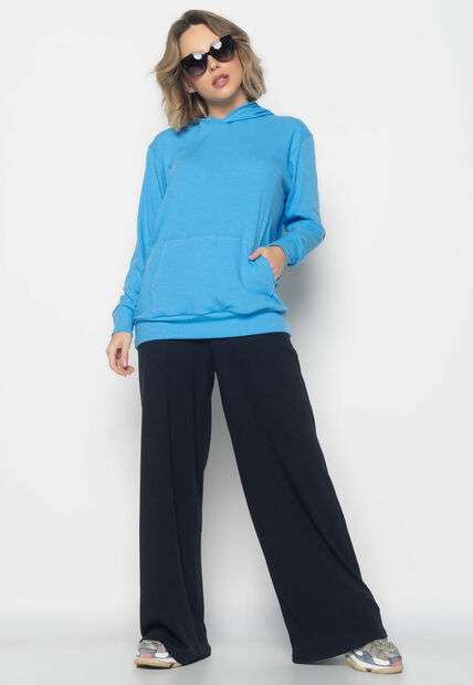 Casaco Capuz Oversized Com Bolso Canelado  Fashion Azul Claro
