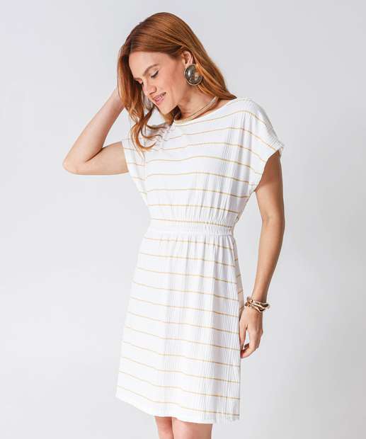 Vestido Feminino Canelado Listrado Marisa Off White