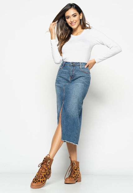 Blusa  Básica Manga Longa e Gola Redonda Malha Branco