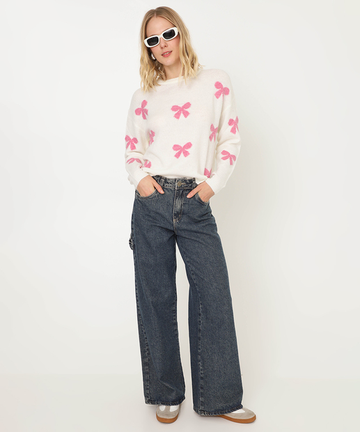 Suéter Feminino Jacquard Laço Marisa Off White