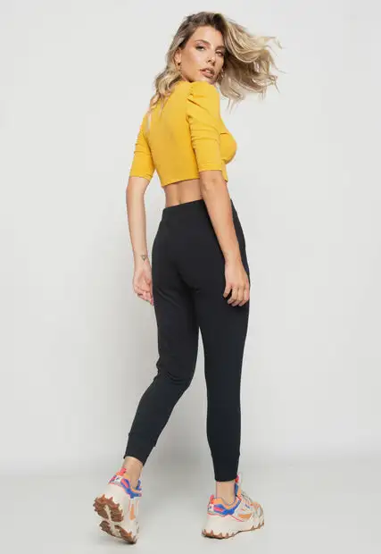 Calça  Jogger Comfy Malha Canelada Preta Salvatore Fashion