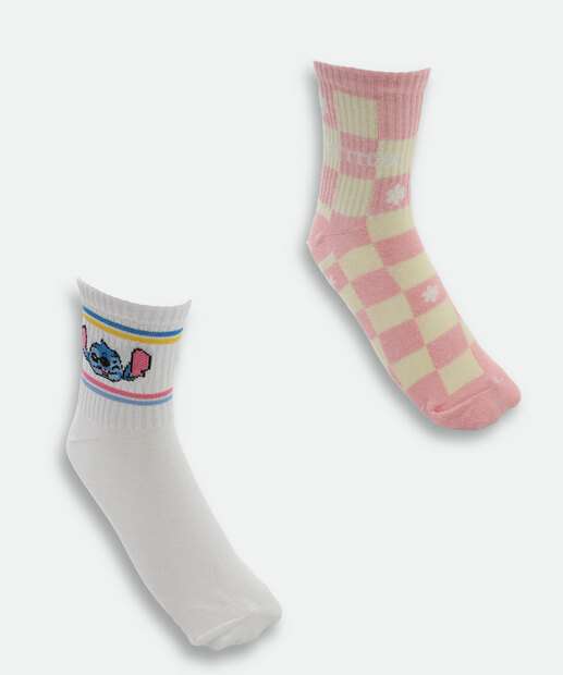 Image_Kit 2 Pares Meias Soquete Feminina Stitch Disney Rosa
