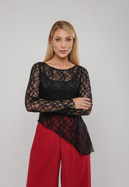 Blusa De Renda Assim?trica Manga Longa Preto Salvatore