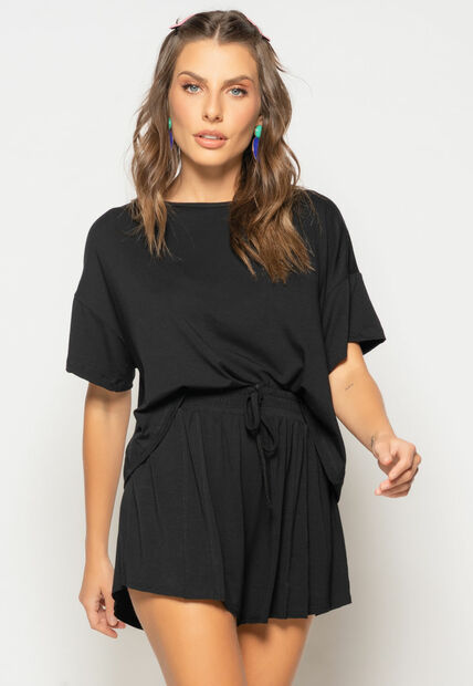 Conjunto Cropped Amplo Manga Curta e Short Malha Preto Salvatore