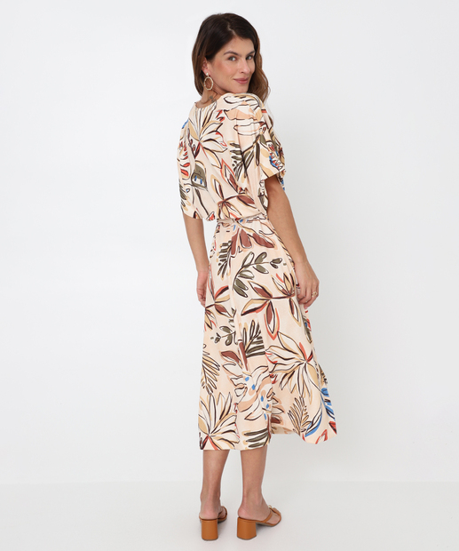 Vestido Midi Feminino Estampado Manga Morcego Marisa Bege