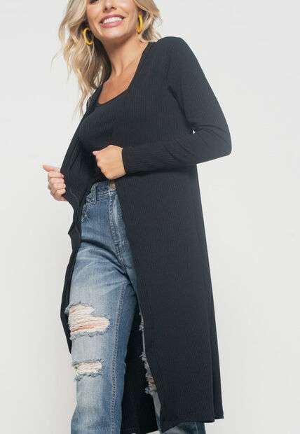 Kimono  Alongado Manga Longa Canelado Preto Salvatore Fashion