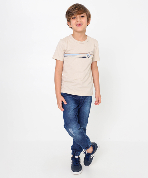 Camiseta Infantil Manga Curta Estampada MR Tam 4 a 10 Bege