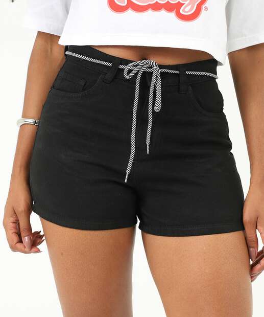 Short Feminino Sarja Cordão Cintura Alta Preto