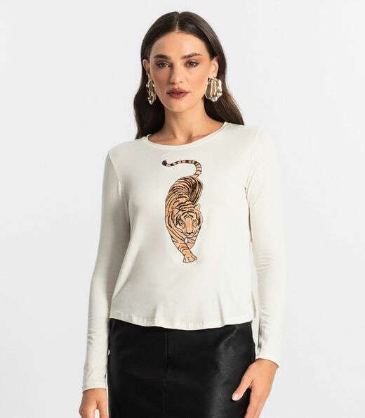 Blusa Manga Longa com Bordado Endless Bege