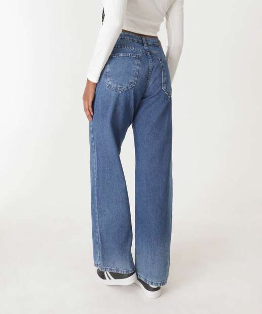 Calça Jeans Wide Leg Bolsos Feminina 